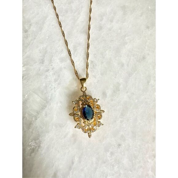 Sapphire blue cubic zirconia intricate regal style pendant necklace  - Picture 10 of 12